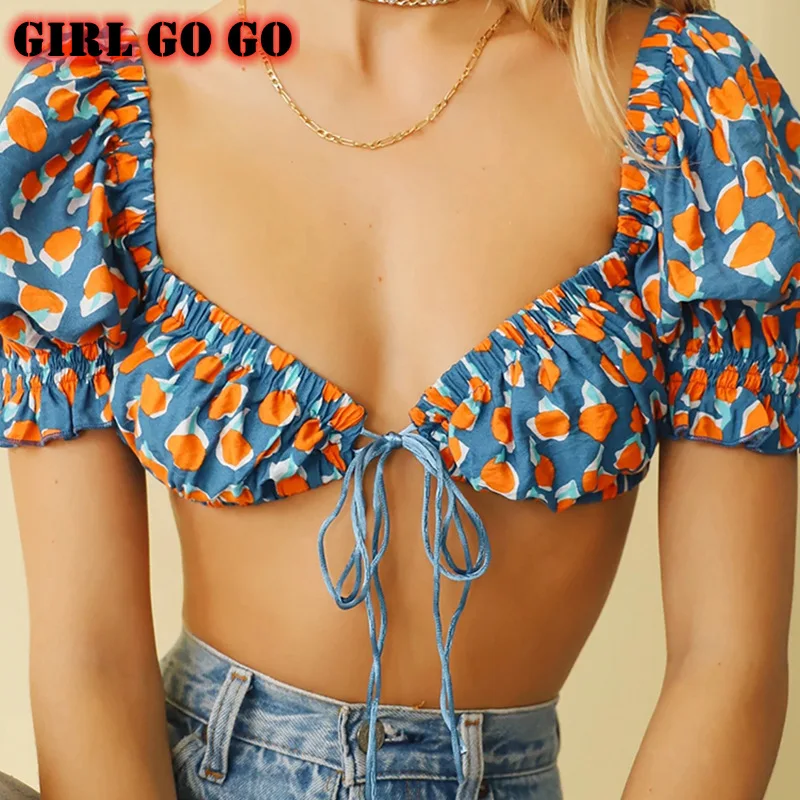 Blouse Puff-Sleeve Crop-Top Open-Back-Cardigan Lace-Up Bohemian Front Beach-Shirt Summer Women