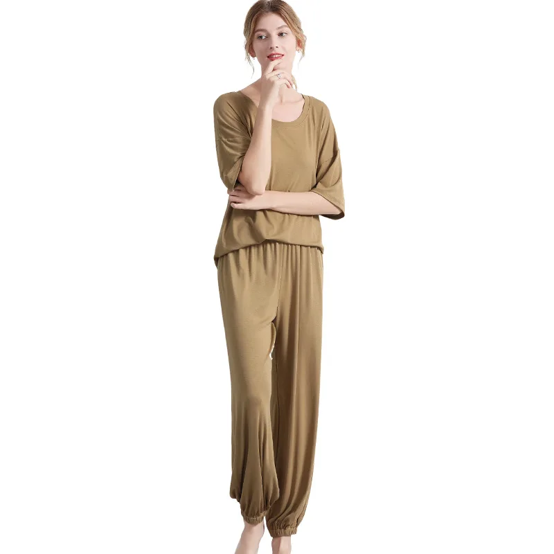 

Womens Pyjamas Set Knitted T-shirt Bloomers Casual Modal Pajamas Female Spring Summer 2 Piece Sleepwear Set Pijama Home Clothing