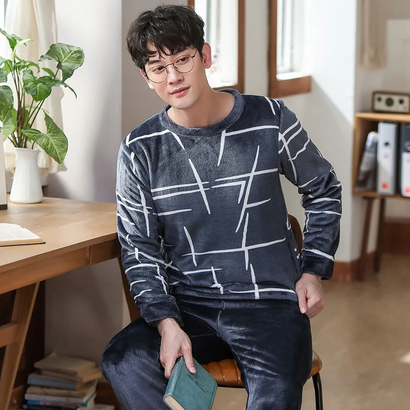 Мужская Коралловая бархатная пижама в Корейском стиле, мужской пижамный комплект, мужская повседневная домашняя одежда, фланелевая Толстая теплая осенне-зимняя новая одежда для сна