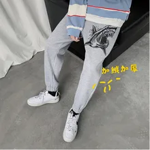 UYUK2019 новые зимние индивидуальные с принтом хан издание добавить флок Ing утолщение тренировочные брюки свободные мужские луч ноги брюки джоггеры