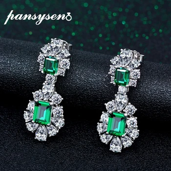 

PANSYSEN Vintage Emerald Gemstone Diamond Earrings Solid 925 Sterling Silver Anniversary Party Drop Earrings Fine Jewelry Gift