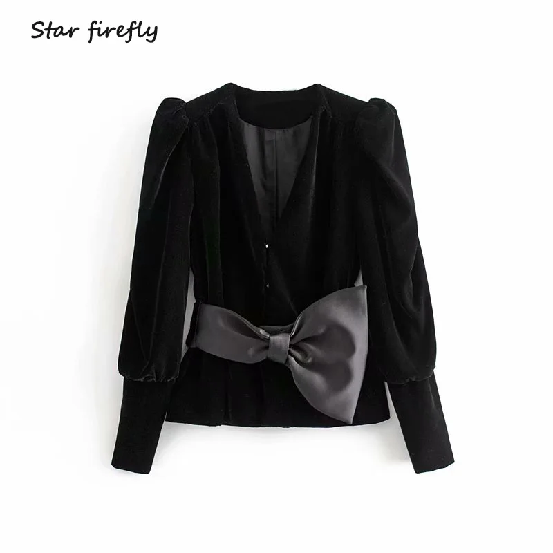 Star firefly Модный женский топ, осень 2019, повседневный тонкий v-образный вырез, бант, сплошной цвет, Официальный бархат, Укороченное пальто для