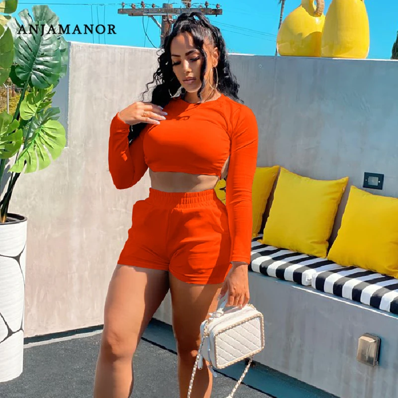 ANJAMANOR Sexy Two Piece Set Open Back Long Sleeve Crop Top and Shorts Sets  2021 Womens Clothing Orange Matching Sets D7-CE28