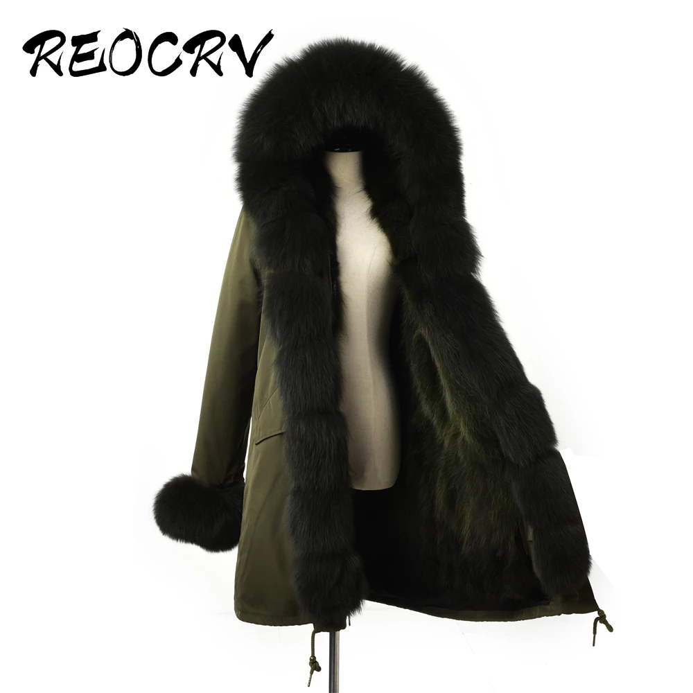 

REOCRV Real Fur Parka With Hooded Dark Green Jacket Rex Rabbit Fur Jacket Women Plus Size Winter Coat Women Waterprrof Parka New
