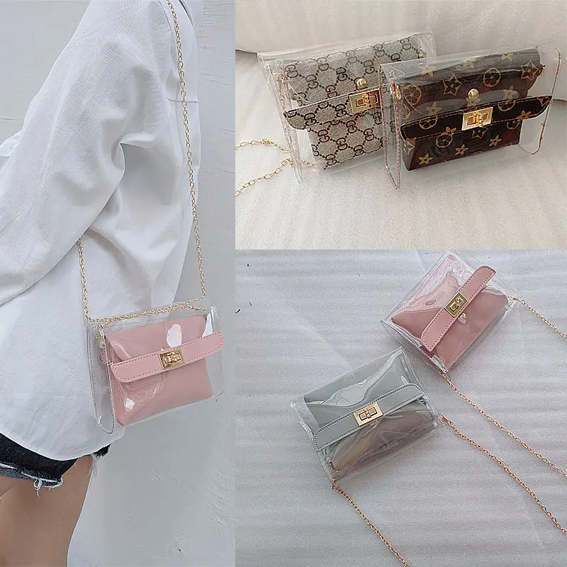 

Transparent mother shoulder bag 2019 new chain color lock phone mini bag printing messenger bag