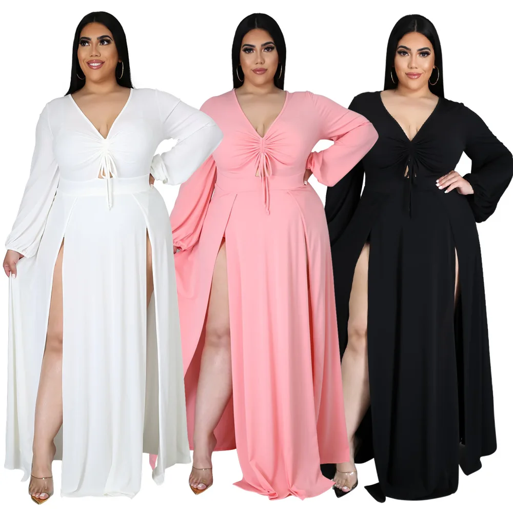 Maxi Dress Plus Size Women Clothing Elegant V Neck Long Sleeve Sexy Solid  Split Hem Full Length Dresses Wholesale Dropshipping