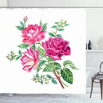 

Shower Curtain Set with Hooks for Bathroom 60x72 Bouquet Leaves Summer Roses Spring Snowberry Invitation Watercolor Season