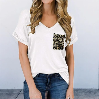 

V-neck T-shirt Women Short Sleeve Tops Tee 2020 Summer Leopard Pocket T Shirt Women Casual Streetwear For Female Summer Tee 2XL