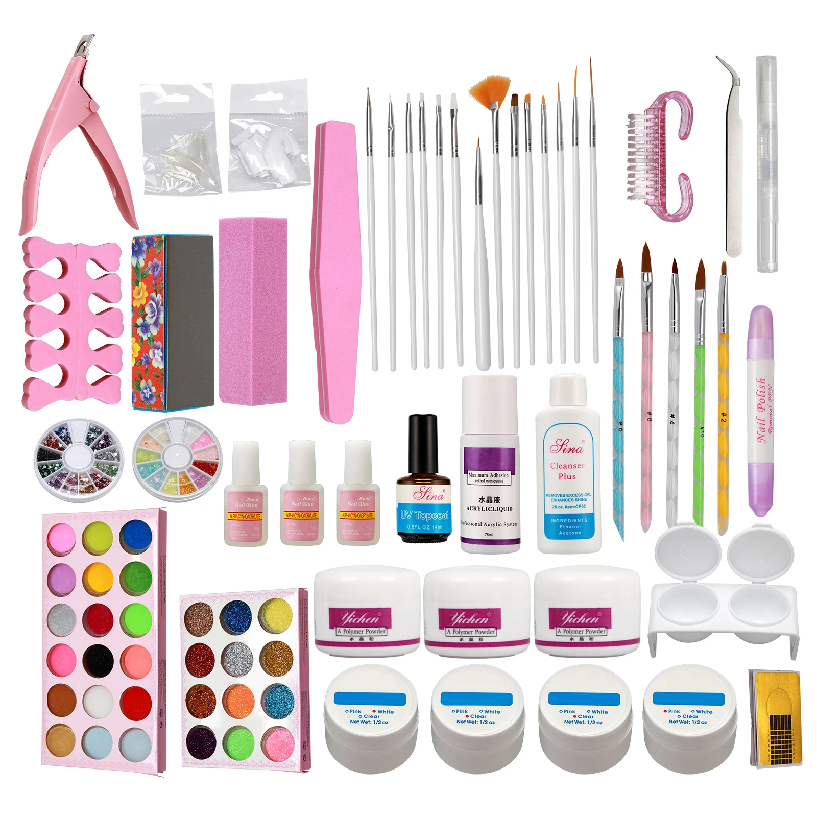 Full Nail Art Kit Acrylic Liquid Powder Gel Brush Block Cutter Tips Tools Set Nail Sets & Kits