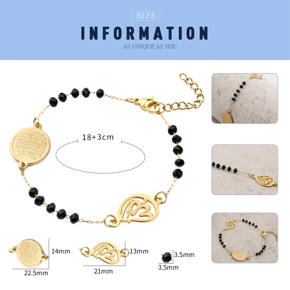B201 Stainless Steel Muslim Arabic Charms Bracelet Black Color Faceted Glass Beads Bracelets For Islam Rosary Jewelry bracelet jewelry