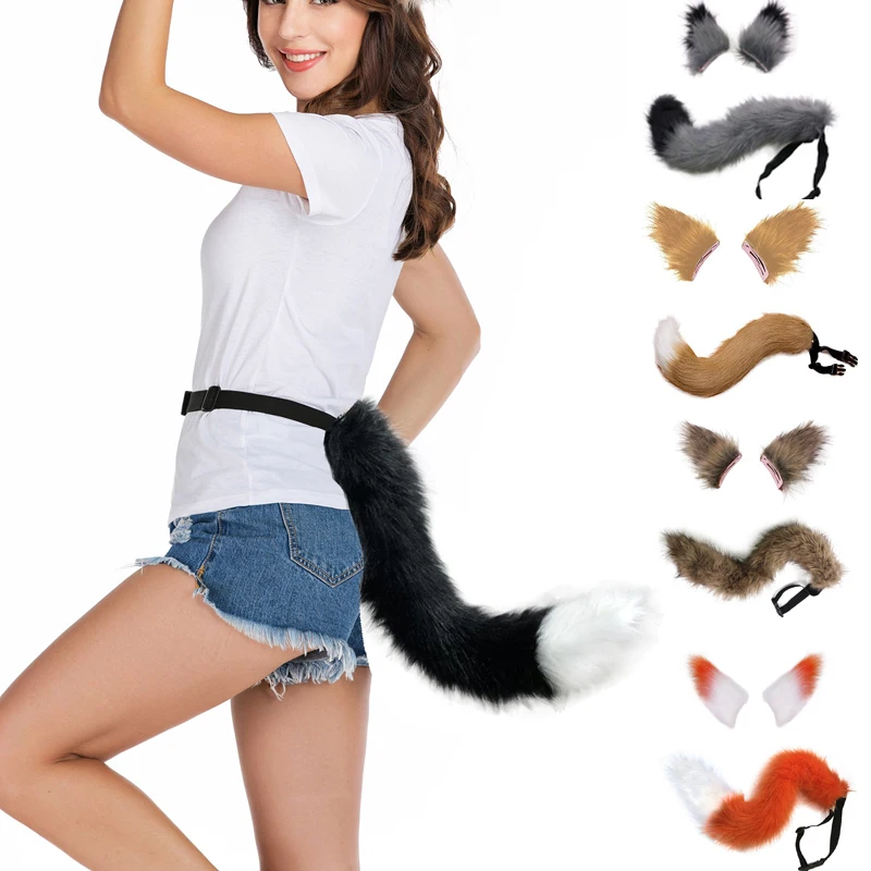 

Hot Lovely Anime Fox Headband Tail Headdress Plush Ears Tail Anime Cosplay Props Halloween Carnival Character Costume