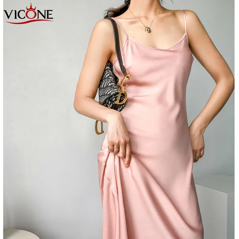 

VICONE Elegant V-neck Sexy Spaghetti Strap Backless Summer Dress Women Satin Lace Up Trumpet Long Dress Bodycon Party Dress 2020