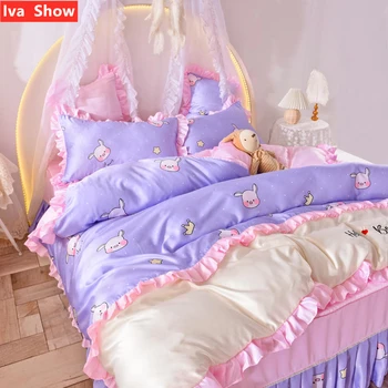 

Iva Show Pink Purple Washed Silk Bedding Set Embroidered bed skirt Lace Pillowcase Queen Size Bed Four-pieces