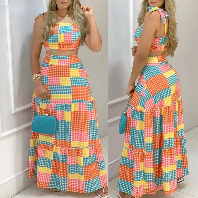 Women Two Pieces Plaid Colorblock Skirts Set 2022 Women's Tied Detail Crop Top & Maxi Skirt Set Beach Casual Womens Outfits kbq colorblock snake print casual