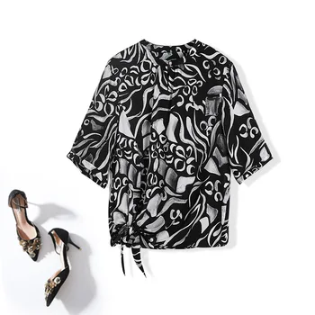 

Women 100% silk tops summer 2020 batwing sleeve loose style geometric print tops and blouses black
