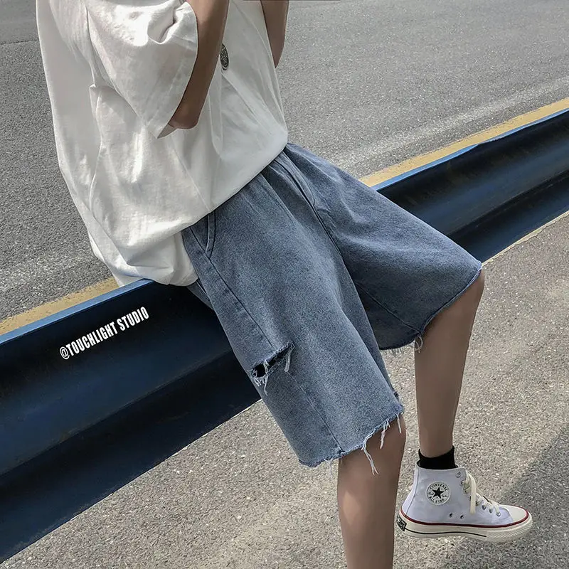 

2020 Summer New Youth Popular Men's Loose Solid Color Cut Loose Five-point Jeans Fashion Casual Raw Shorts Blue M-2XL