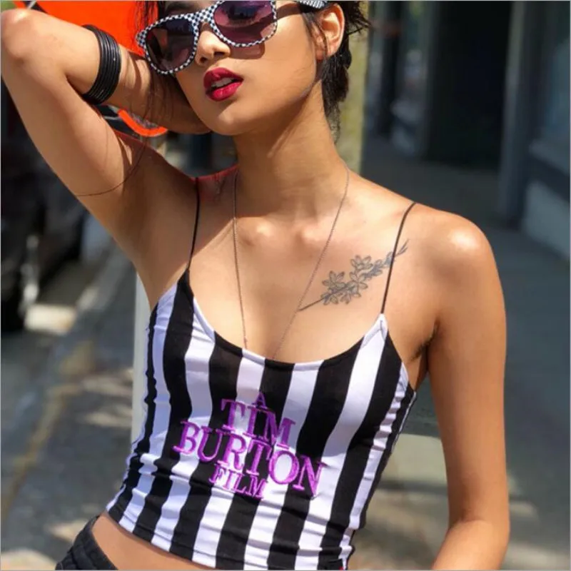 

2020 Spaghetti Straps Stripe Letters Embroidery Slash neck Sexy Crop Tops Summer Women Fashion Casual Vests Tee