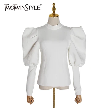 

TWOTWINSTYLE Casual Ruched Women's Sweatshirts O Neck Puff Long Sleeve Tunic Slim Pullovers For Female Fashion Clothing 2020 New