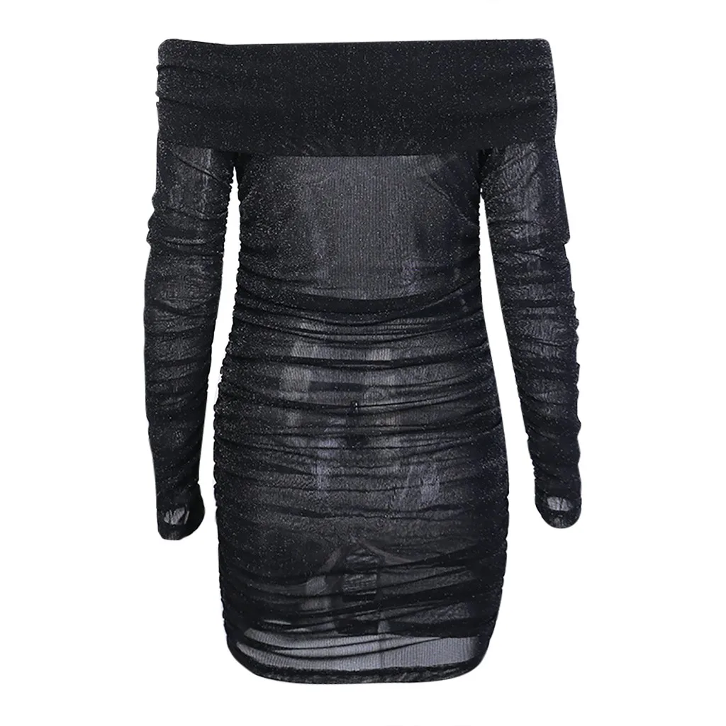 Зимнее женское платье Feitong, Vestidos, длинный рукав, сплошной цвет, с вырезом лодочкой, сексуальное, со складками, на бедрах, официальное, повседневное, мини платье, платье женское