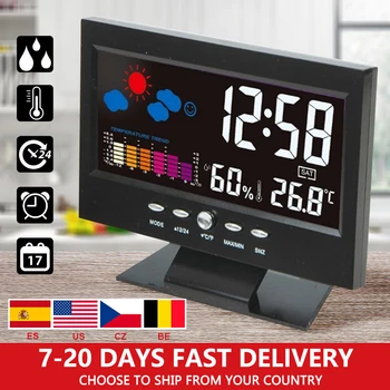

Indoor Thermometer Hygrometer Alarm LCD Digital Clock Calendar Weather Station Desk Clock Temperature Humidity Meter Barometer