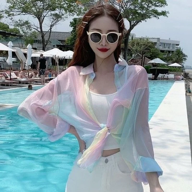 여성용 그라데이션 레인보우 셔츠, 우아한 휴일 야외 자외선 차단 반투명 긴팔 아우터, 부드러운 한국 패션