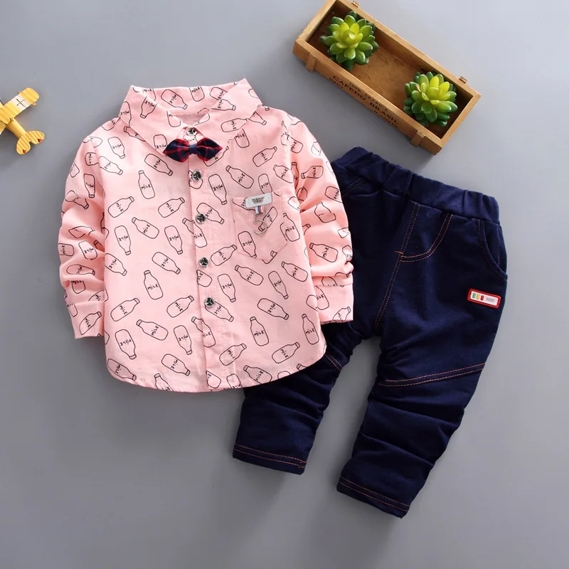 Одежда для маленьких мальчиков коллекция года, новая осенняя повседневная детская одежда рубашки с длинными рукавами Топы+ джинсы комплект одежды из 2 предметов для маленьких мальчиков - Цвет: Pink