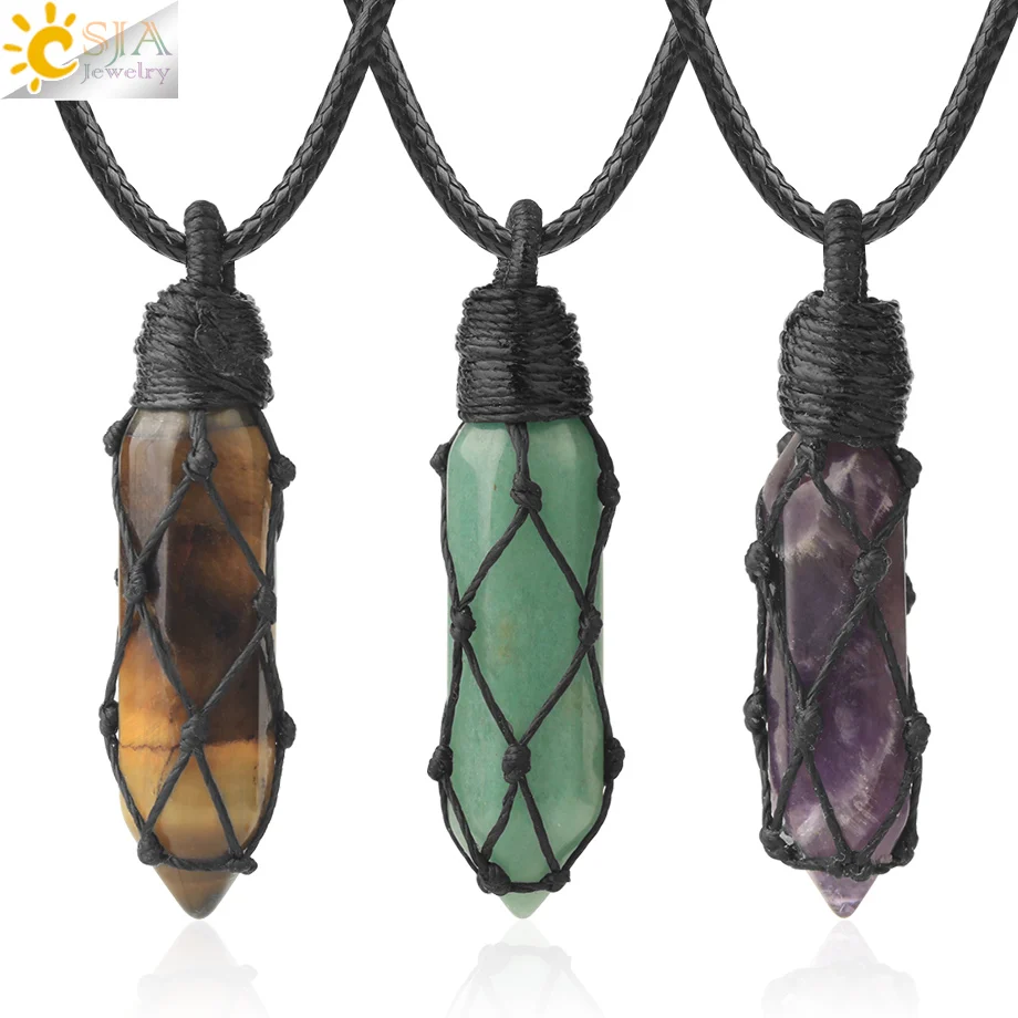 Natural Stone Rope Wrap Necklace Hexagonal Crystal Necklaces