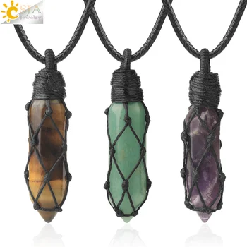 Natural Stone Rope Wrap Necklace Hexagonal Crystal Necklaces