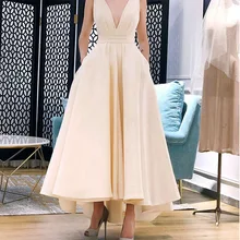 BacklakeGirls атласные Сексуальные вечерние платья с глубоким v-образным вырезом с большим бантом на спине без рукавов трапециевидной формы длиной до середины икры женское платье