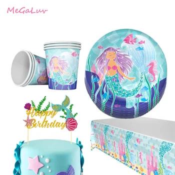 

Mermaid Party Tableware Paper Plates Cup Tablecloth Pennant Cupcake Toppers Wrappers Baby Shower Birthday Party Decor Supplies