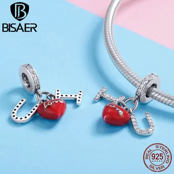 

BISAER 100%Real 925 Sterling Silver Valentine Gift Red Love Heart CZ Crystal Beads Charms Fit Charm Jewelry Making GXC1055