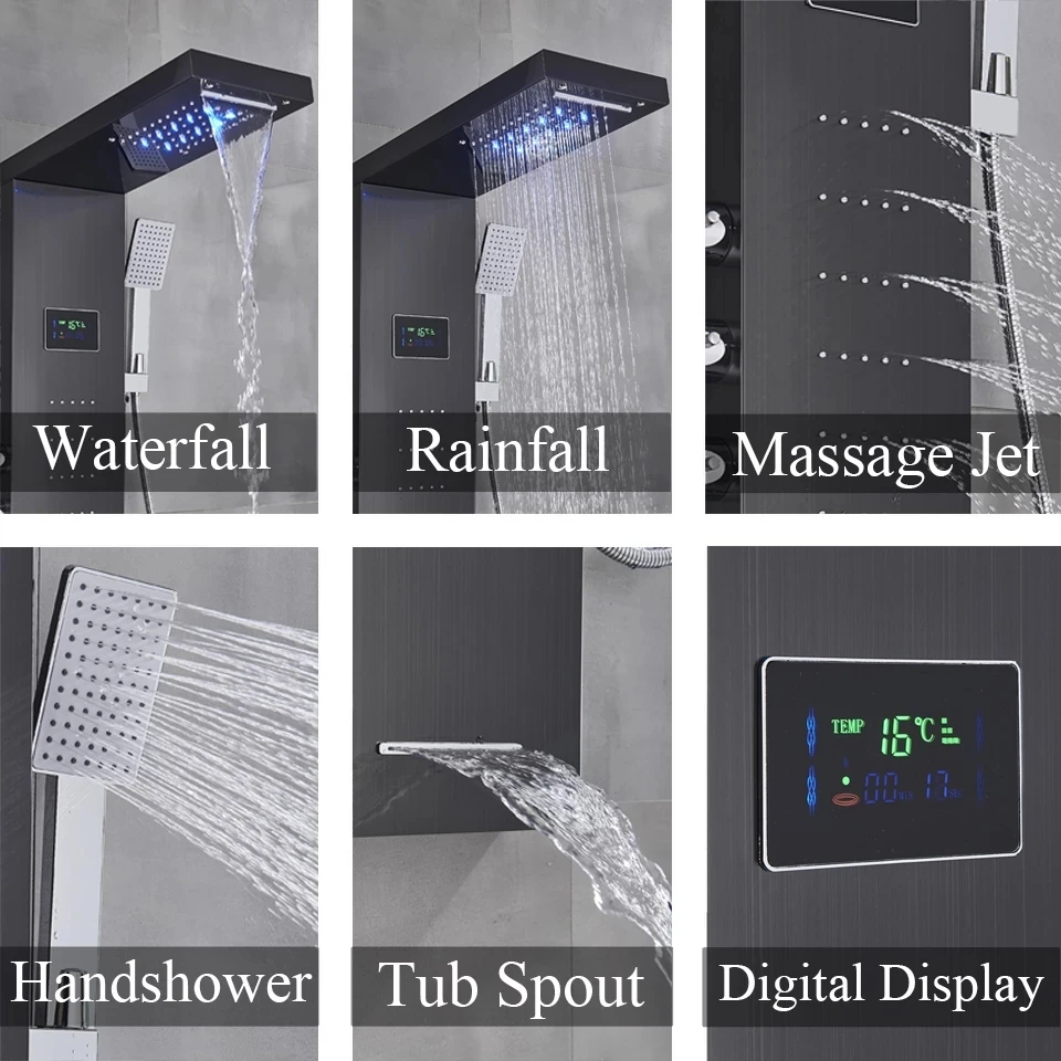 Description Picture 5 of itemDigital Display Rainfall Shower Faucet Bathroom SPA Massage Jet Black LED Light Shower Panel With Handshower Bidet Sprayer Tap