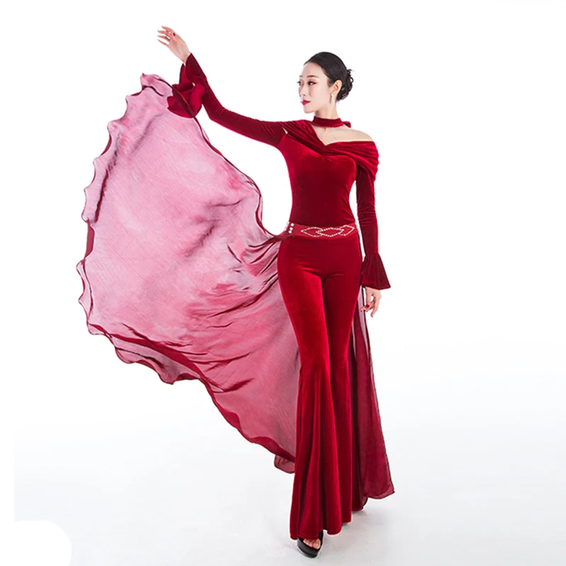 Женский костюм для танца живота, церемониальное платье Vevelt, тренировочный сетчатый костюм для танца живота, профессиональная одежда для соревнований - Цвет: Wine Red