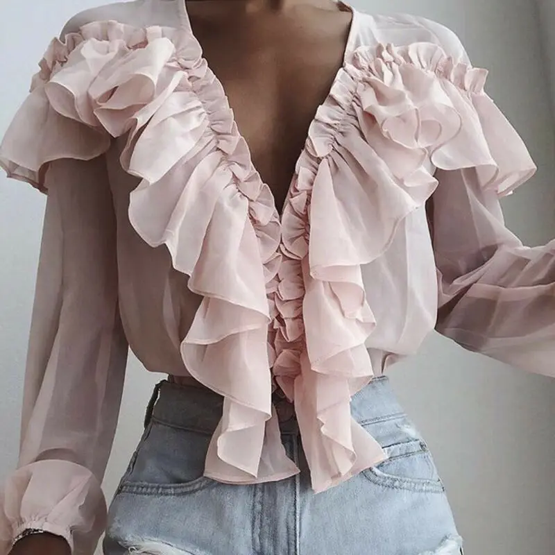 

Pink Stylish Tops Ruffles Blouse Women Sexy V neck Long Sleeve Shirts Female Casual Buttons Street Blusas Plus Size XL Spring