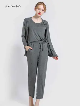 

yinlinhe 3 Piece Set Pijamas Women Home Wear Grey Casual Vest Long Pants Sleevewear autumn Nightwear Sleeping Suit Lounge 1732