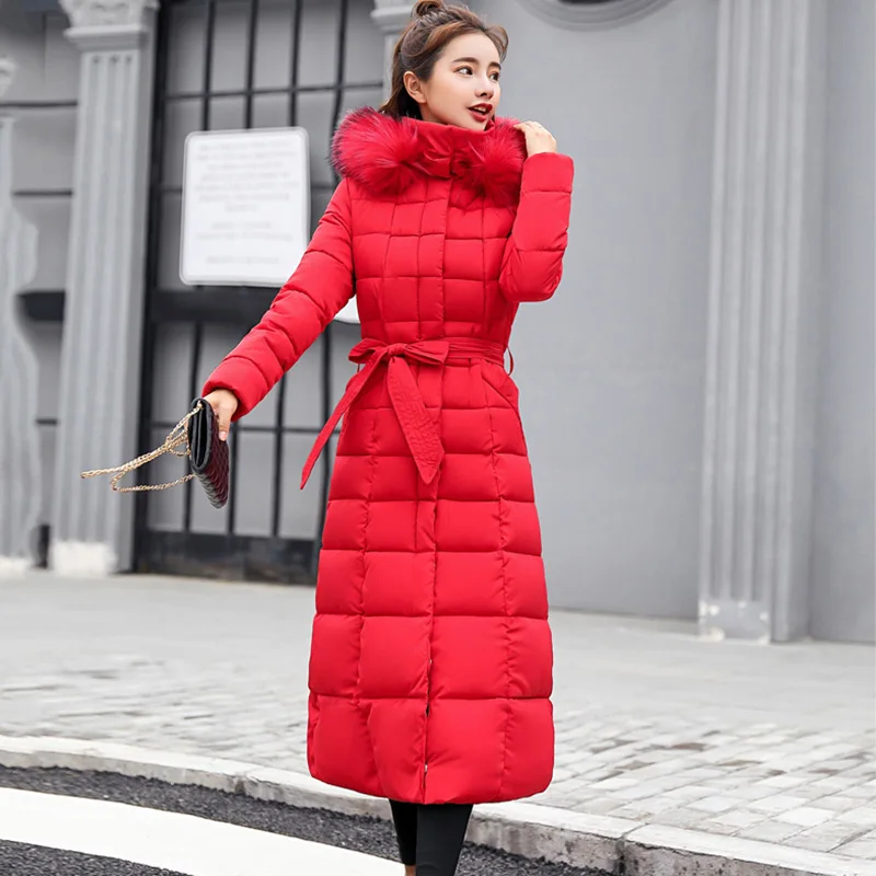 Style2-RED Высокое качество меховой воротник женское длинное зимнее пальто Женская Теплая стеганая куртка женская верхняя одежда парка casaco женское Inverno - Цвет: Style2-RED