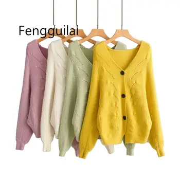 

FENGGUILAI Hot Sale European And American Fashion Style Three-grain Button-up Hemp Cardigan Yellow Beige Sweater Retro Loose