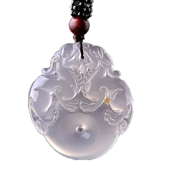 

2020 Fine Jewelry Pure Natural Ice Species White Chalcedony Agate Double Brave Jade Pendant Necklace Free Shipping