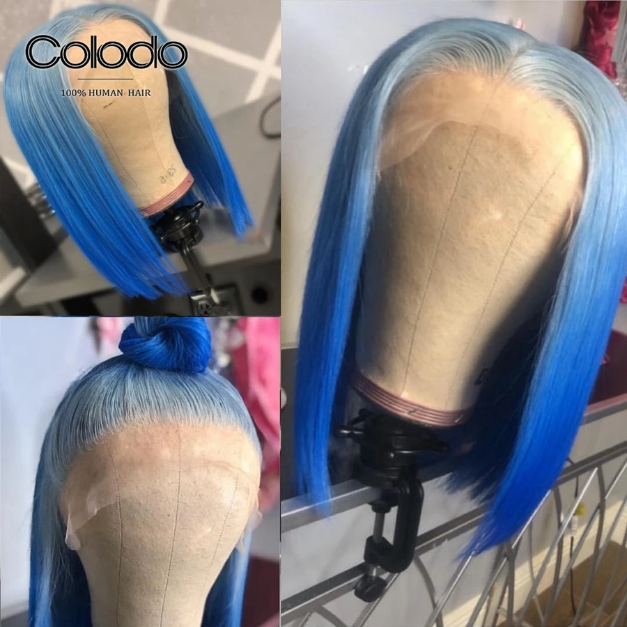 Колодо 150% плотность зеленый парик человеческие волосы боб кружевные передние парики для женщин бразильский Remy Ombre Фиолетовый парик с предварительно выщипанными волосами - Цвет волос: Ombre Blue