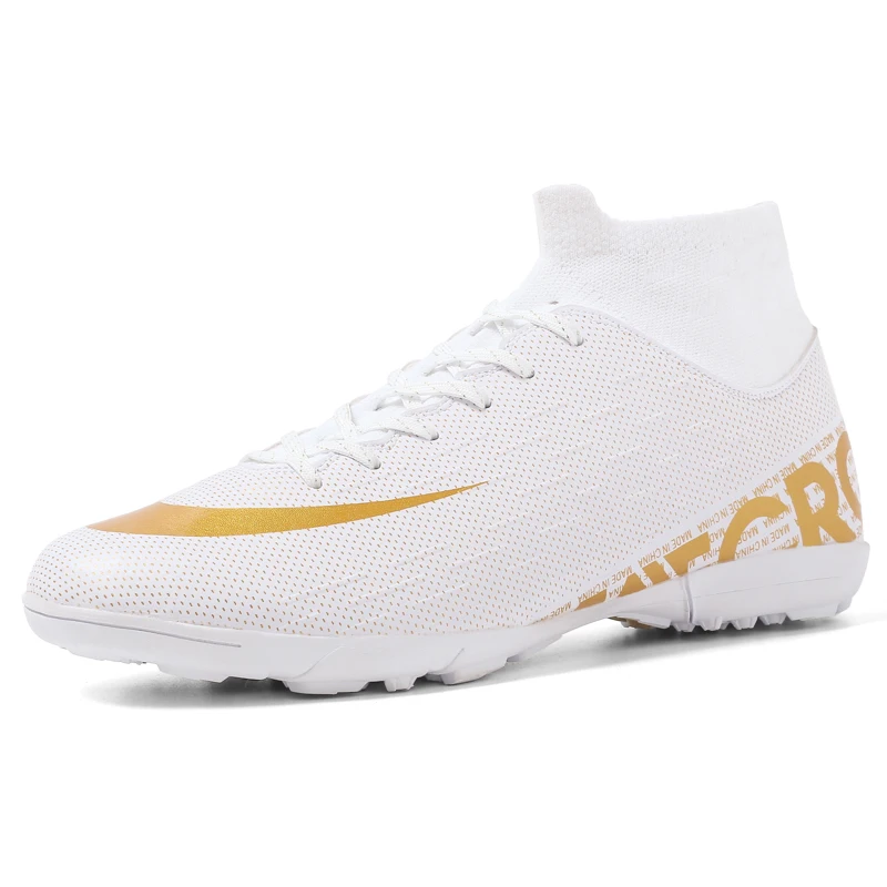 Для мужчин Футбол Бутсы спортивный для футбола обувь новые кожаные ботильоны на высоком каблуке футбольные бутсы Футбол тапки для мини-футбола обувь - Цвет: XF001-1White