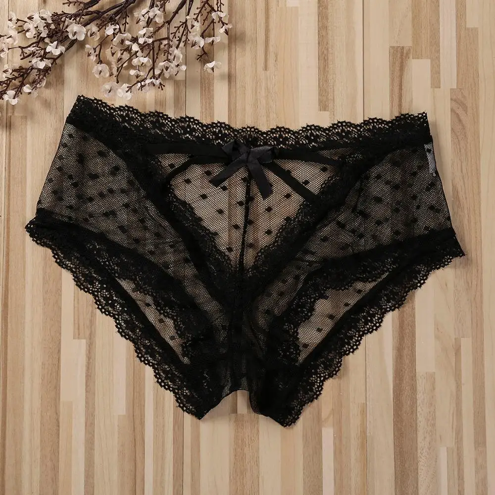 Women Cage Back Panties Mesh Perspective Wave Shape Bow Underwear Lady Sexy See Through Lace Bowknot Briefs