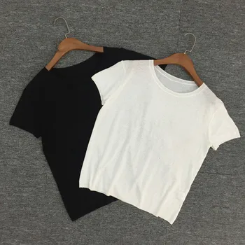 

2020 New 100% linen Knitted T-shirt for Women O-neck Short Sleeve Simple lady Tee top Female Bottoming T shirts clothes
