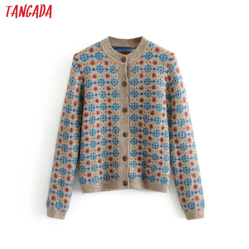 

Tangada women snow flower pattern retro cardigan sweater buttons long sleeve vintage female knitted cardigan coat 3H133