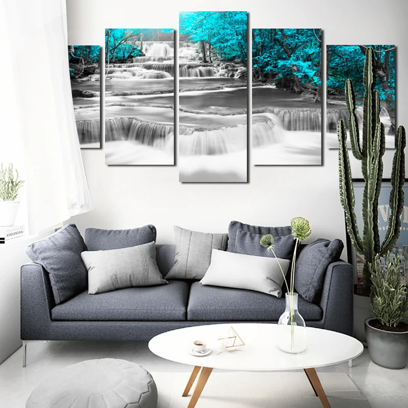 

Hd Blue Printed Canvas Painting Art Poster Creek Landscape Painting Prints Home Decor Bedroom Mural 5 Pieces/set Without Frame