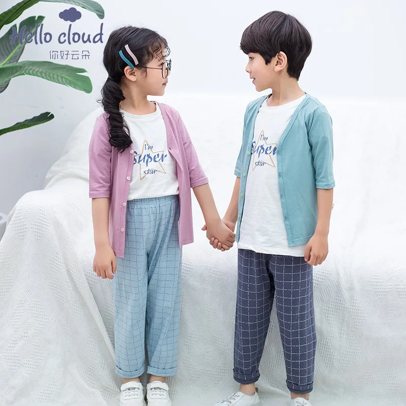 Hello Cloud/Детские домашние штаны из чистого хлопка коллекция года, стиль, повседневные Прямые воздухопроницаемые штаны в Корейском стиле для мальчиков и девочек