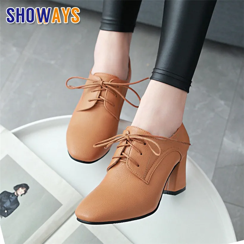 

British Women Pumps 7cm High Chunky Heels Square Toe Brogues Black Brown Quality Oxford Casual Dress Office Lady Lace-up Derbies