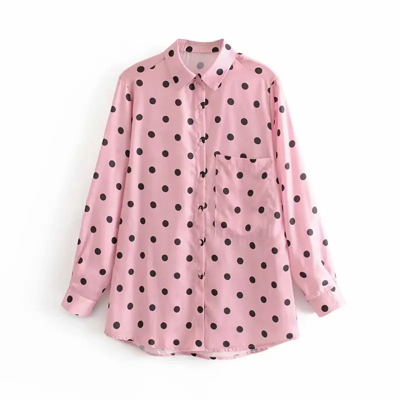  Long Sleeve Shirt Women Loose Blouse Autumn 2019 New Fashion Polka Dot Prints Pink Shirts Blouse Mo