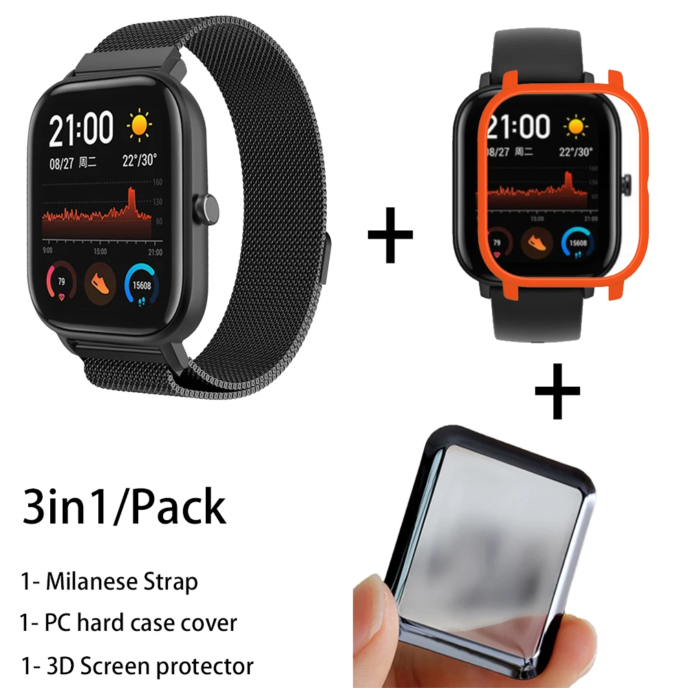 3в1 металлический Миланский ремешок для Xiaomi Amazfit GTS чехол металлический браслет для Huami Amazfit GTS Band 3D Защитная пленка для экрана - Цвет: black-orange