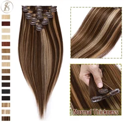TESS Non-Remy 16colours Women Human Clip-in Hair Extensions Full Head Hairpiece Straight Hair Full Head Thin Highlight Blonde