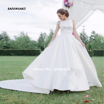 

SATONOAKI 2020 Elegant Wedding Dress Jewel Neck Backless With Draped Simple A Line Sleeveless Stain Wedding Gowns Robe De Mariee
